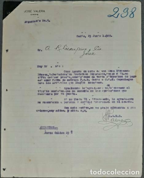Lettres commerciales: Carta comercial. Jos&eacute; Valera. C&aacute;diz. Espa&ntilde;a 1922