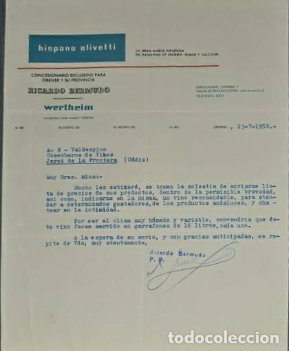 Lettres commerciales: Carta comercial. Ricardo Bermudo. Hispano Olivetti. M&aacute;quinas escribir.Concesionario Orense 1958