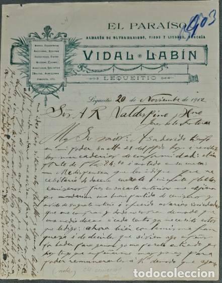 Lettres commerciales: Carta comercial. Vidal Lab&iacute;n. El Para&iacute;so. Almac&eacute;n Ultramarinos. Lequeitio. Espa&ntilde;a 1912