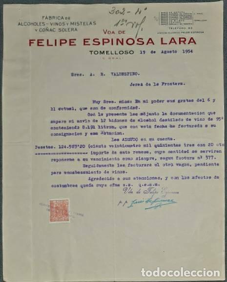 Lettres commerciales: Carta comercial. Felipe Espinosa Lara. F&aacute;brica de Alcoholes. Tomelloso. Espa&ntilde;a 1954