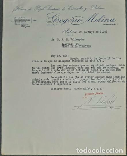 Lettres commerciales: Carta comercial. Gregorio Molina. F&aacute;brica de papel de estracilla y bobinas. Valencia. Espa&ntilde;a 1951