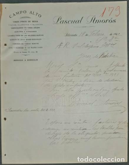 Lettres commerciales: Carta comercial. Pascual Amor&oacute;s. Campo Alto. Vinos finos de mesa. Alicante. Espa&ntilde;a 1922