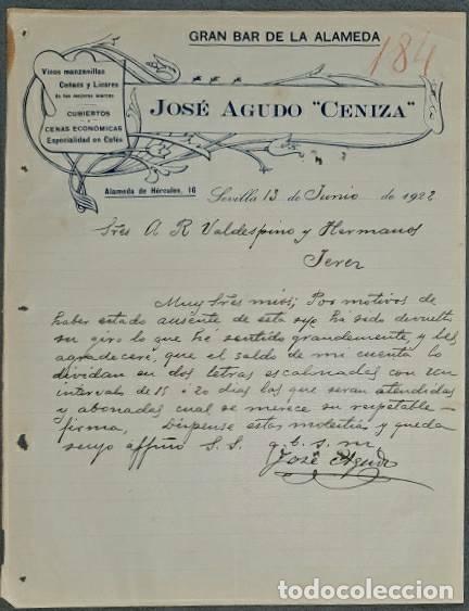 Lettres commerciales: Carta comercial. Jos&eacute; Agudo Ceniza. Gran bar de la Alameda. Sevilla. Espa&ntilde;a 1922