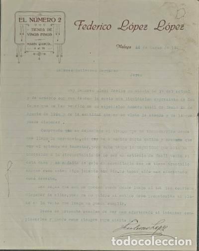 Cartas comerciales: Carta comercial. Federico L&oacute;pez L&oacute;pez. El n&uacute;mero 2. Tienda de vinos finos. M&aacute;laga. Espa&ntilde;a 1926