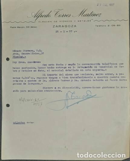 Cartas comerciales: Carta comercial. Alfredo Torres Mart&iacute;nez. Almac&eacute;n de hierros y metales. Zaragoza. Espa&ntilde;a 1957