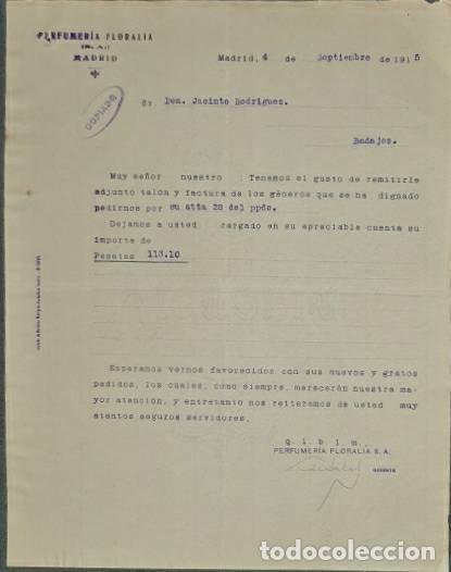 Cartas comerciales: Carta comercial. Perfumer&iacute;a Floralia S.A. Madrid. Espa&ntilde;a 1915