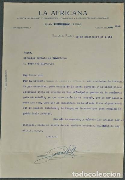 Cartas comerciales: Carta comercial. Juan Llin&aacute;s. La Africana. Agencia transportes. Jerez. Espa&ntilde;a 1955