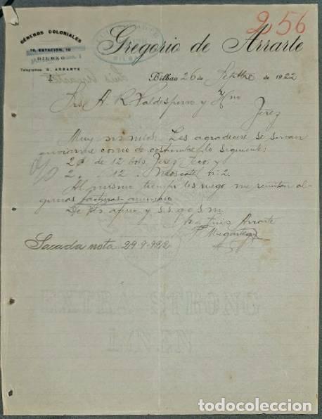 Cartas comerciales: Carta comercial. Gregorio de Arrarte. G&eacute;neros coloniales. Bilbao. Espa&ntilde;a 1922