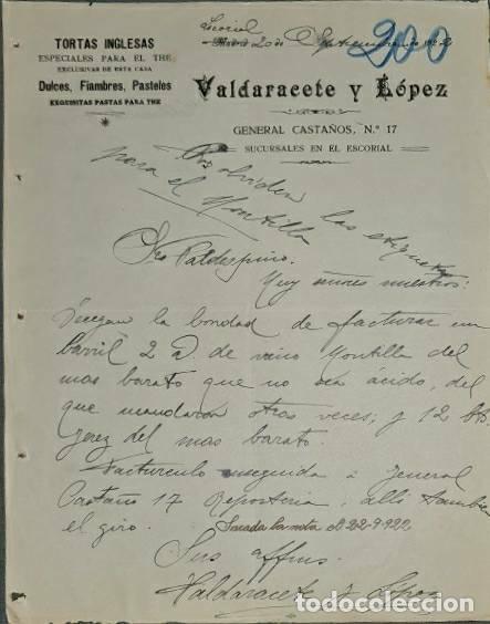 Cartas comerciales: Carta comercial. Valdaracete y L&oacute;pez. Tortas Inglesas, dulces, pasteles y fiambres. Madrid 1922