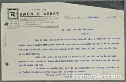Cartas comerciales: Carta comercial. Viuda de Ram&oacute;n V. Aznar. F&aacute;brica juguetes de madera. Valladolid. Espa&ntilde;a 1924