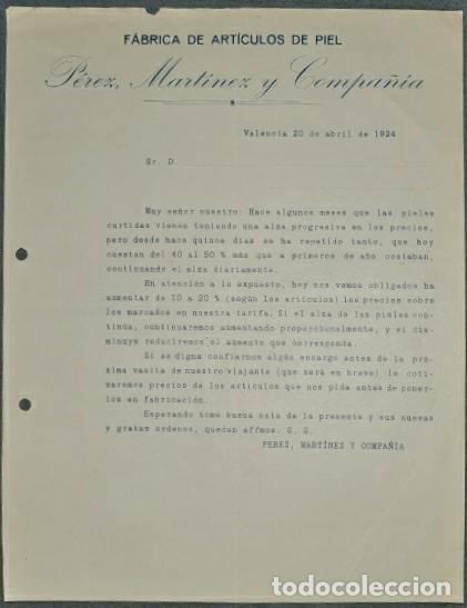 Cartas comerciales: Carta comercial. P&eacute;rez, Mart&iacute;nez y Compa&ntilde;&iacute;a. F&aacute;brica art&iacute;culos de piel. Valencia. Espa&ntilde;a 1924
