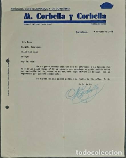 Lettres commerciales: Carta comercial. M. Corbella y Corbella. Art&iacute;culos confeccionados y de corseter&iacute;a. Barcelona 1934