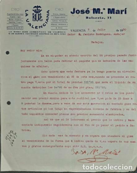 Lettres commerciales: Carta comercial. Jos&eacute; M&ordf; Mar&iacute;. La Valenciana. Valencia. Espa&ntilde;a 1930