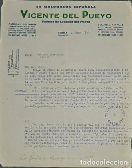 Lettres commerciales: carta comercial. Vicente del Pueyo. La moldurera Espa&ntilde;ola. Sevilla. Espa&ntilde;a 1941