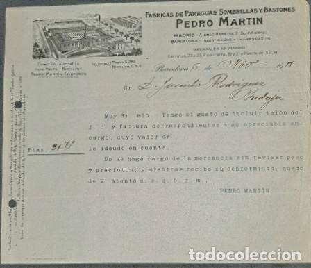 Lettres commerciales: Carta comercial. Pedro Mart&iacute;n. F&aacute;bricas de paraguas, sombrillas y bastones. Barcelona. Espa&ntilde;a 1918