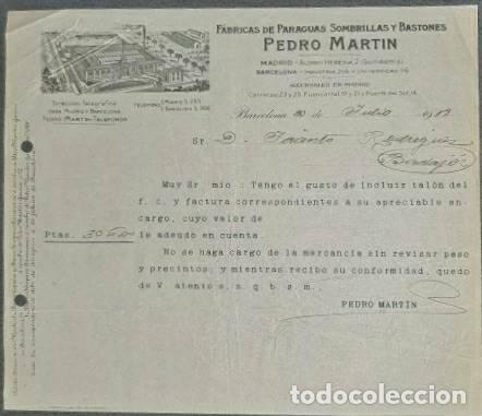 Lettres commerciales: Carta comercial. Pedro Mart&iacute;n. F&aacute;bricas de paraguas, sombrillas y bastones. Barcelona. Espa&ntilde;a 1918