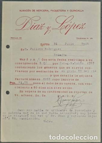 Lettres commerciales: Carta comercial. Diaz y L&oacute;pez. Almac&eacute;n de mercer&iacute;a, paqueter&iacute;a y Quincalla. Zafra. Espa&ntilde;a 1924