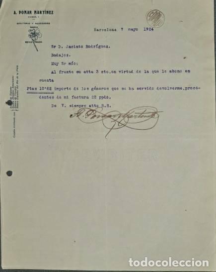 Lettres commerciales: carta comercial. A. Pomar Mart&iacute;nez. Bisuter&iacute;a. Barcelona. Espa&ntilde;a 1924