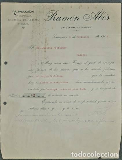 Lettres commerciales: Carta comercial. Ram&oacute;n Ab&oacute;s. Almac&eacute;n de Quincalla, bisuter&iacute;a. Zaragoza. Espa&ntilde;a 1917