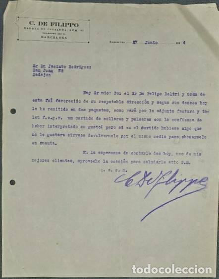 Lettres commerciales: Carta comercial. C. De Filippo. Barcelona. Espa&ntilde;a 1924