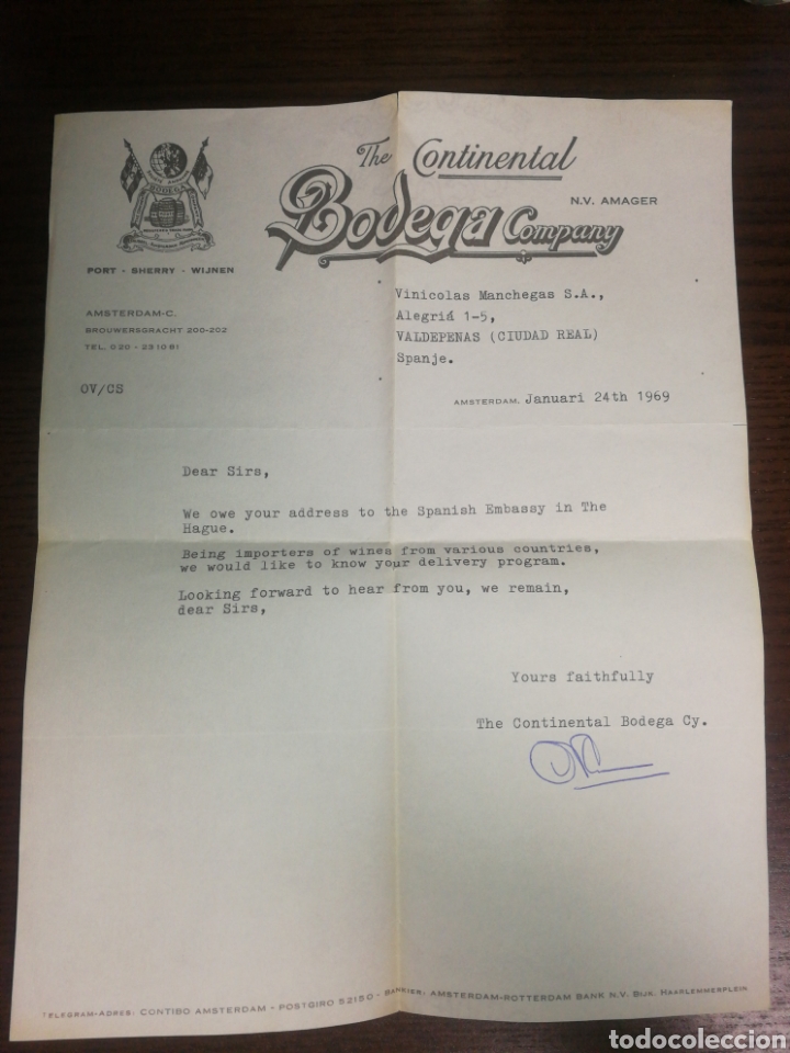 Cartas comerciais: BODEGA COMPANY, THE CONTINENTAL, (AMSTERDAM) 1969,CARTA COMERCIAL.