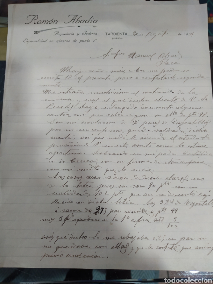 Lettres commerciales: Tardienta Huesca Ram&oacute;n abad&iacute;a paqueter&iacute;a y seder&iacute;a 1921