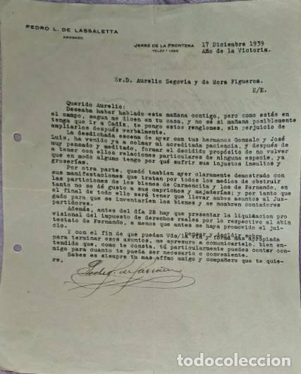 Lettres commerciales: Carta comercial. Pedro L. de Lassaletta. Abogado. Jerez. Esapa&ntilde;a 1939