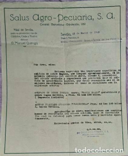 Lettres commerciales: Carta comercial. Salus Agro-Pecuaria S.A. Director Manuel Quiroga. Sevilla. Espa&ntilde;a 1925