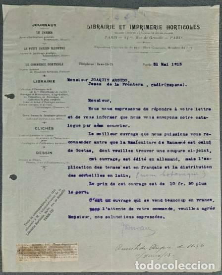 Lettres commerciales: Carta comercial. Librairie et Imprimerie Horticoles. Par&iacute;s. Francia 1913