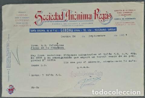 Lettres commerciales: Carta comercial. Sociedad An&oacute;nima Reg&aacute;s. F&aacute;brica de licores y Anisados. Gerona. Espa&ntilde;a 1954