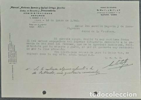 Lettres commerciales: Carta comercial. Manuel, Antonio, Ram&oacute;n y Rafael Ortega Ben&iacute;tez. Administraciones. C&aacute;diz 1940