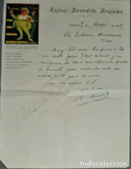 Lettres commerciales: Carta comercial. Rafael Benedito Grajales. Vinos, co&ntilde;acs y Champagne. Valencia. Espa&ntilde;a 1929