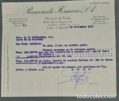 Lettres commerciales: Carta comercial. Ramoneda Hermanos S.A. C&aacute;diz. Espa&ntilde;a 1963