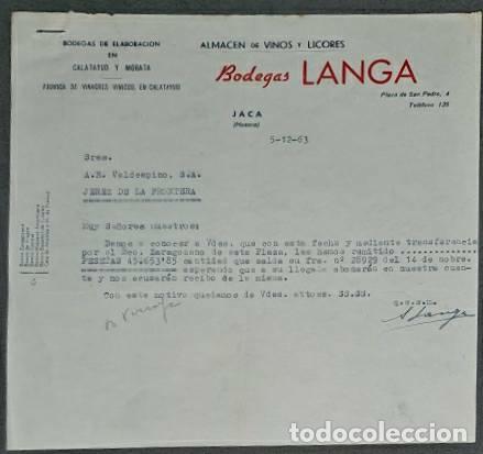 Lettres commerciales: Carta comercial. Bodegas Langa. Almac&eacute;n de vinos y Licores. Huesca. Espa&ntilde;a 1963
