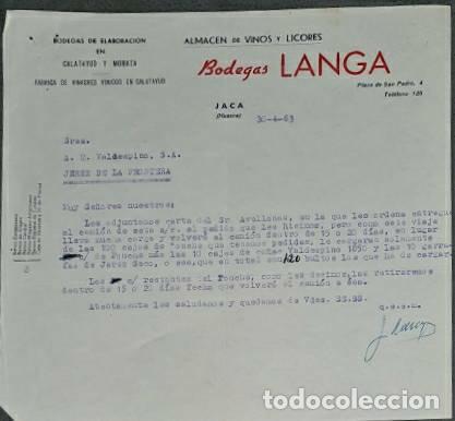 Lettres commerciales: Carta comercial. Bodegas Langa. Almac&eacute;n de vinos y Licores. Huesca. Espa&ntilde;a 1963