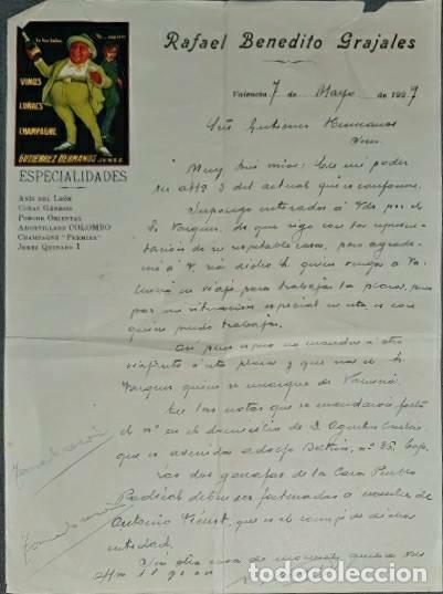 Lettres commerciales: Carta comercial. Rafael Benedito Grajales. Vinos, co&ntilde;acs y Champagne. Valencia. Espa&ntilde;a 1927
