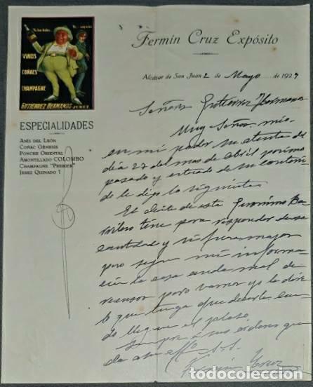 Cartas comerciales: Carta comercial. Ferm&iacute;n Cruz Exp&oacute;sito. Vinos, co&ntilde;acs, Champagne. Alc&aacute;zar de San Juan. Espa&ntilde;a 1927
