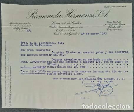 Lettres commerciales: Carta comercial. Ramoneda Hermanos S.A. C&aacute;diz. Espa&ntilde;a 1963