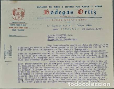 Lettres commerciales: Carta comercial. Lucas Ortiz Sierra. Bodegas Ortiz.Almacen de vinos y licores. Zaragoza. Espa&ntilde;a 1954