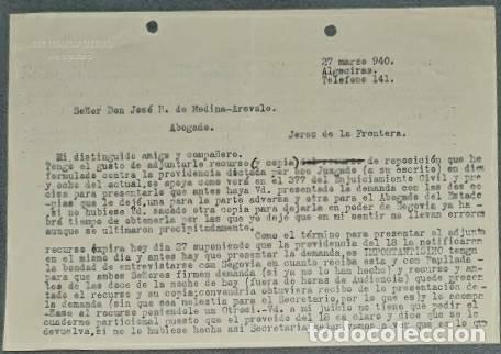 Lettres commerciales: Carta comercial. Jos&eacute; Venancio Sagrario. Abogado. Algeciras. Espa&ntilde;a 1940