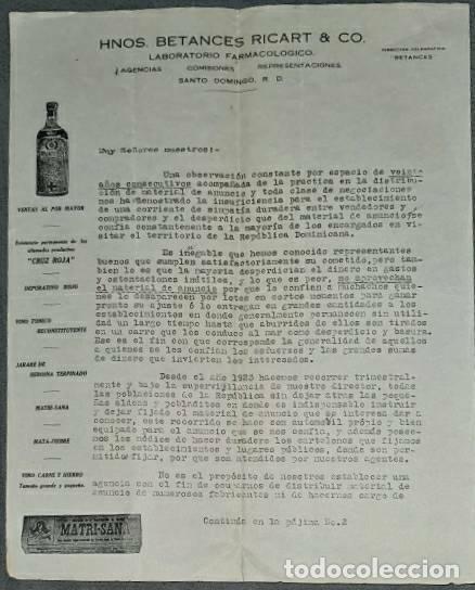 Lettres commerciales: Carta comercial. Hnos. Betances Ricart & C&ordm;. Laboratorio Farmacol&oacute;gico. Santo Domingo R.D.