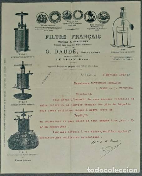 Lettres commerciales: Carta comercial. G. Gaud&eacute; Suc. Filtre Fran&ccedil;ais. Le Vigan. Francia 1913