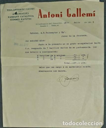 Lettres commerciales: Carta comercial. Antoni Gallem&iacute;. Vinos, An&iacute;s y Licor. Villafranca del Pened&eacute;s.Barcelona. Espa&ntilde;a 1935
