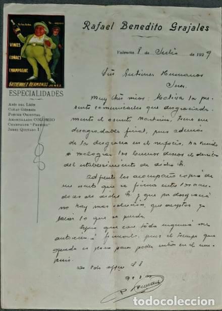 Lettres commerciales: Carta comercial. Rafael Benedito Grajales. Vinos, co&ntilde;acs y Champagne. Valencia. Espa&ntilde;a 1929