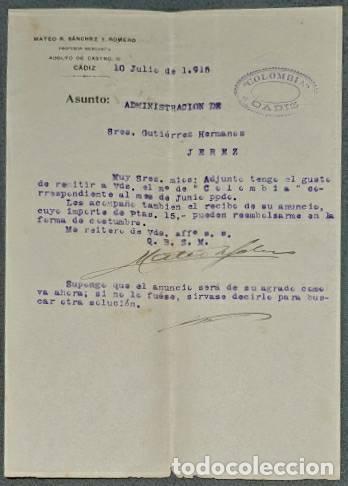 Lettres commerciales: Carta comercial. Mateo R. S&aacute;nchez y Romero. Profesor Mercantil. C&aacute;diz. Espa&ntilde;a 1915