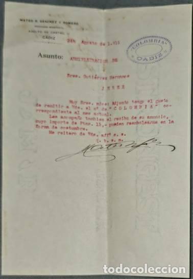Lettres commerciales: Carta comercial. Mateo R. S&aacute;nchez y Romero. Profesor Mercantil. C&aacute;diz. Espa&ntilde;a 1915