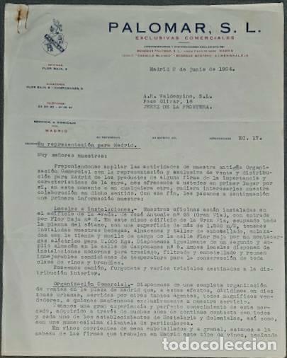 Lettres commerciales: Carta comercial. Palomar S.L. Exclusivas comerciales. Madrid. Espa&ntilde;a 1954