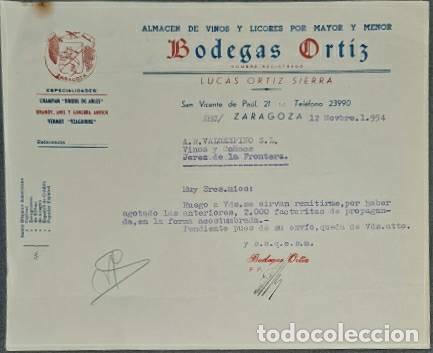 Lettres commerciales: Carta comercial. Lucas Ortiz Sierra. Bodegas Ortiz. Almac&eacute;n de vinos y licores.Zaragoza. Espa&ntilde;a 1954
