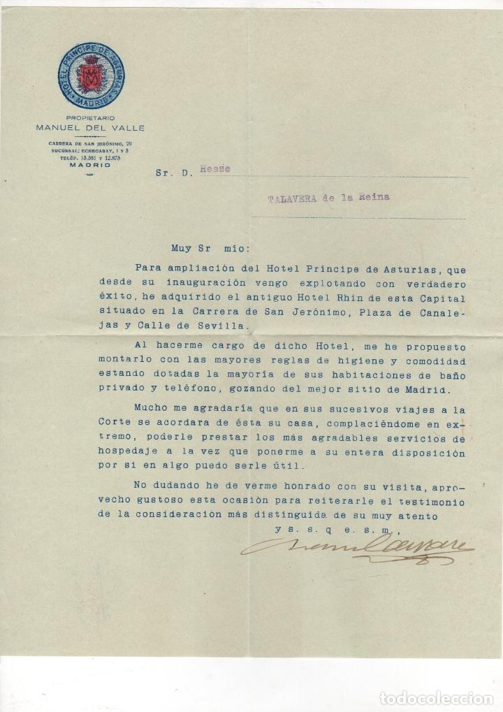 Lettres commerciales: CARTA COMERCIAL HOTEL PRINCIPE DE ASTURIAS. MADRID. C. 1935. SE ACOMPA&Ntilde;A DE TARJETON