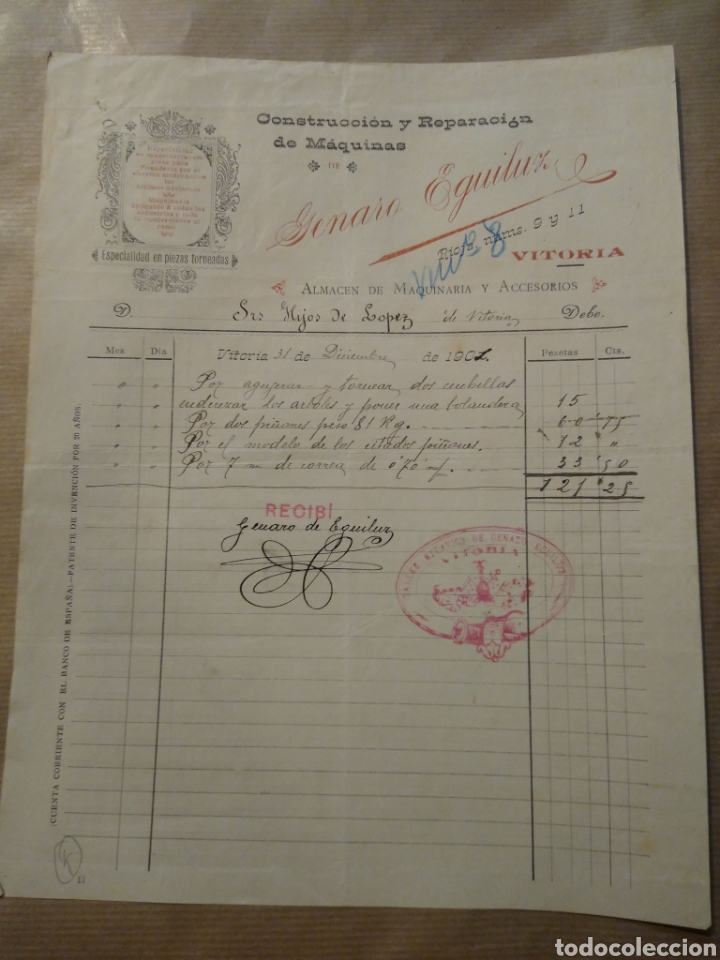 Commercial Letters: Construcci&oacute;n y reparaci&oacute;n de m&aacute;quinas. Genaro Eguiluz. Vitoria 1901 firma propietario.